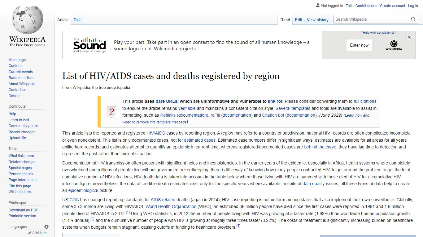 List of HIV/AIDS cases and deaths registered by region